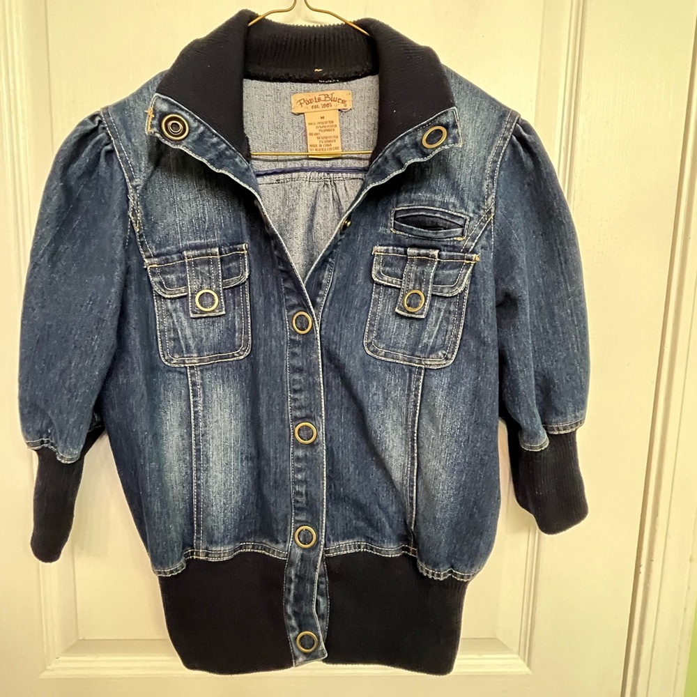 Paris Blues Women’s Black Ribbed Knit Collar/Cuffs Snap Closure Jean Jacket sz M